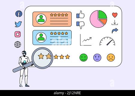Robot with magnifying glass work for social media optimization. AI humanoid or digital assistant with magnifier rate and give feedback. Search engine, SEO. Vector illustration.  Stock Vector