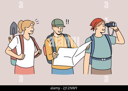 Happy archeologists with tools and map ready for treasure or historic artifact hunting. Smiling diverse researchers or historians with archeological equipment. Flat vector illustration.  Stock Vector