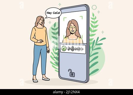 Smiling woman unlock mobile phone with face ID. Female smartphone user get access to data with biometrical check. Identification and verification concept. Vector illustration.  Stock Vector