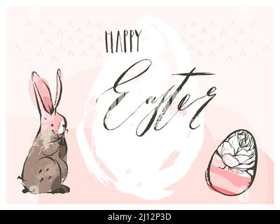 Hand drawn vector abstract graphic scandinavian Happy Easter cute simple bunny,eggs illustrations greeting card and Happy Easter handwritten Stock Vector