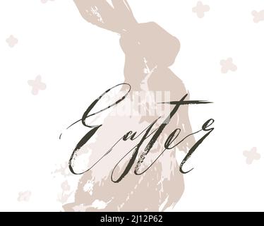 Hand drawn vector abstract graphic scandinavian collage Happy Easter cute simple bunny silhouette illustrations greeting card and modern Easter Stock Vector