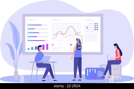 Business marketing strategy. Man and woman analyzing data, making presentation with charts about investments Stock Vector