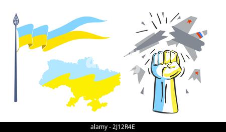 Collection of three symbols of power of Ukraine, set of map, flag and the hand that destroys the Russian fighter Stock Vector