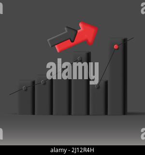3d bar chart with red arrow pointing up, monochrome infographics Stock Vector
