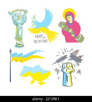 Collection of signs of Ukrainian heroic resistance to Russian military aggression, set vector illustration Stock Vector