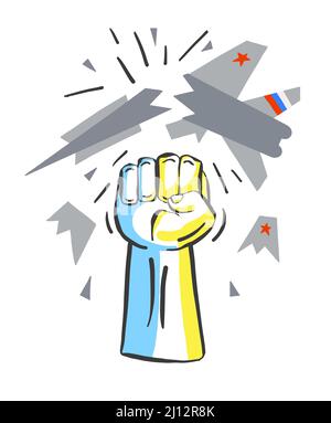 Hand sign in the colors of the Ukrainian flag destroys a Russian fighter Stock Vector