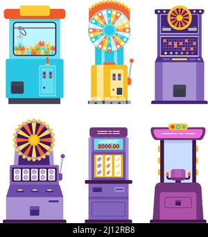 cartoon casino gambling slot machines and spinning wheels. Stock Vector