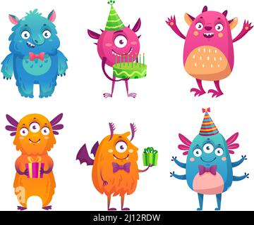 Cartoon party monsters celebrating happy event. Cute fluffy characters with friendly smiles holding birthday cake Stock Vector