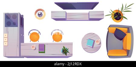 Set of studio, living room, kitchen furniture top view. Sofa, coffee table, television hang on wall, wooden tv stand, desk with chairs and oven, floor lamp, potted plant, Cartoon vector icons set Stock Vector