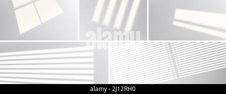 Window shadows on wall, floor or ceiling, realistic light blinds. Overlay effect, jalousie shade on white background. Soft sunlight in room or office, graphic design mockup, 3d vector illustration Stock Vector