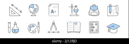 Set school doodle icons protractor, globe, excellent test result. Pencil, backpack and chemical beakers, paints, palette, academic cap, compass, textbook and abacus, Line art vector education signs Stock Vector