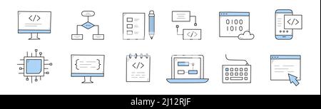 Coding and programming doodle icons set. Computer with code on screen, algorithm scheme, mobile phone, microcircuit chip, laptop, keyboard, desktop with arrow pointer, Line art vector illustration Stock Vector