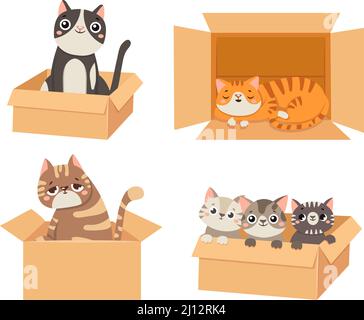 Cats in boxes. Animals sitting and sleeping in cardboard boxes. Little kittens looking out. Fluffy cute pet characters Stock Vector