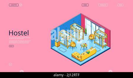 Hostel banner with isometric interior of bedroom in guesthouse. Vector landing page of guest accommodation with illustration of room with bunks for sleep and rest in travel Stock Vector