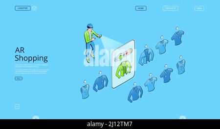 AR shopping isometric landing page. Augmented reality technologies, smart app for mobile phone with virtual apparel store catalog. Man customer choose garment on screen, 3d Vector line art web banner Stock Vector