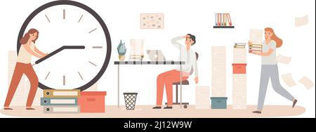 Time management with business deadline clock concept. Exhausted woman sitting at desk with laptop. Employee holding dial arrows Stock Vector