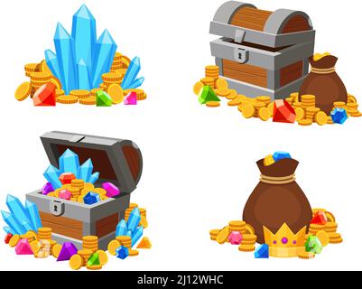 Cartoon treasure with gold coins and colorful gemstones. Open and closed chests, bag and money heaps Stock Vector
