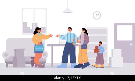 Family with child buying house, real estate agent giving keys to buyers in office. Happy couple with kid purchasing property. Parents characters with son move to new home, Line art vector illustration Stock Vector