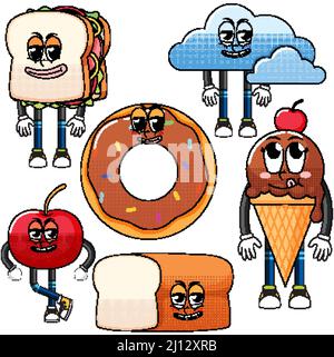 Set of facial expression with vintage style food cartoon on white background illustration Stock Vector
