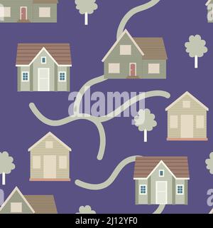 House seamless pattern with road and vector Stock Vector