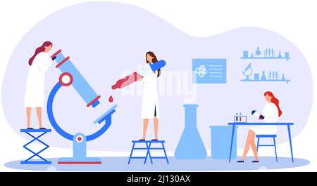Science laboratory with scientists in uniform. Woman in rob doing research with microscope. Characters dropping blood Stock Vector