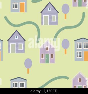 House seamless pattern with road and vector Stock Vector