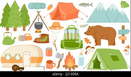 Cartoon camping and hiking equipment, tent and forest nature. Camp fire, bag, road home, lantern and mat. Survival hike adventure vector set Stock Vector