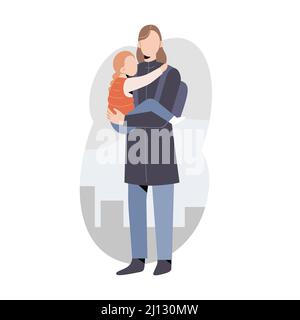 Female refugee, young woman carrying her baby child, fleeing from ruined city, escaping war conflict, humanitarian crisis, editable vector Stock Vector