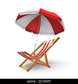 Realistic beach parasol umbrella and chaise longue for vacation. Recliner chair under sunshade awning. 3d summer relaxation vector concept Stock Vector
