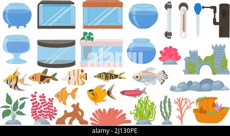 Cartoon aquarium decoration, underwater plants, seaweeds, stones and pet fish. Empty aquariums tank, water fauna, filter and lamp vector set Stock Vector