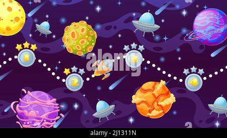 Cartoon space game level map with planets and rocket. Cosmic ui screen for computer arcade with spaceship, stars galaxy and ufo vector scene Stock Vector