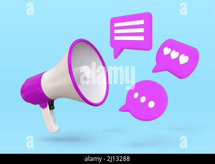 Marketing poster with 3d megaphone loud speaker and chat bubbles. Social network advertising, hiring announce or job vacancy vector concept Stock Vector