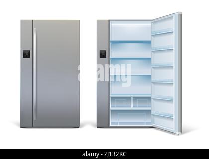 Realistic open and closed modern refrigerator mockup with shelves. Empty wide fridge with sensor panel. Home kitchen refrigerator vector set Stock Vector