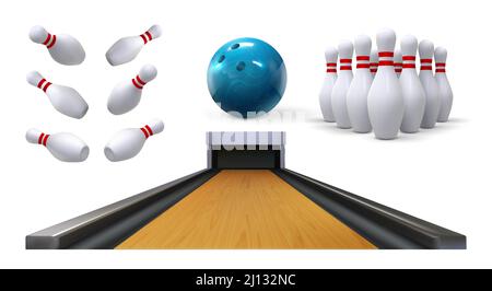 Realistic bowling ball shoes skittle pins Vector Image