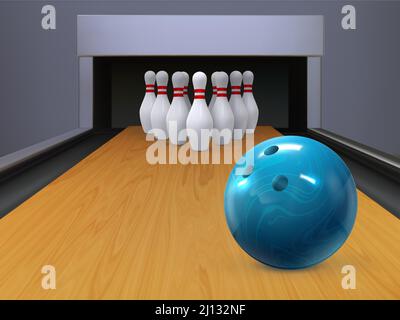 Realistic bowling wood lane with rolling ball and skittle pins. Sport bowl game competition alley. Bowling club playing vector background Stock Vector