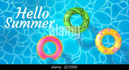 Realistic hello summer poster with pool and swimming rings. Sparkling water top view with inflatable rubber 3d ring doughnut vector banner Stock Vector