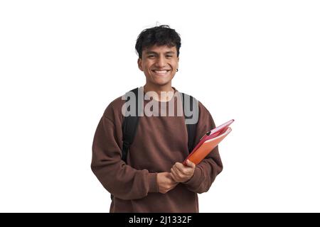 Young peruvian student smiling and looking at camera, isolated. Stock Photo