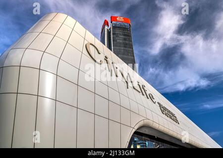 Citylife shopping mall, with Generali Tower or Hadid Tower, Milan, Lombardy, Italy