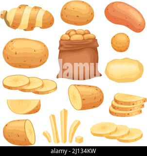 Cartoon peeled raw potato, sliced and french fries. Potatoes in bag, chopped, chips and slices. Farm fresh vegetable, potato cuts vector set Stock Vector
