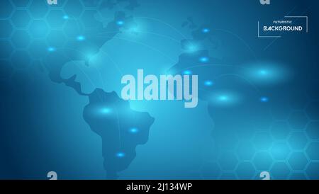 Futuristic abstract world map background with glowing lines and Honeycomb. Hi-Tech Vector design digital technology concept. Stock Vector