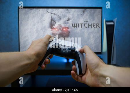 Playing new The Witcher game on PS5. The Witcher series of video games is currently in development, kicking off a new saga for the franchise. Stock Photo