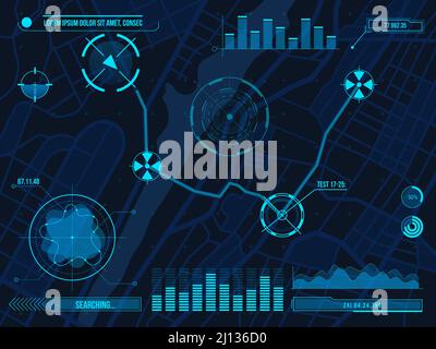 Hud navigation map cyber design with aims, diagrams and charts. Futuristic UI for city streets roadmap gps orientation app vector template Stock Vector