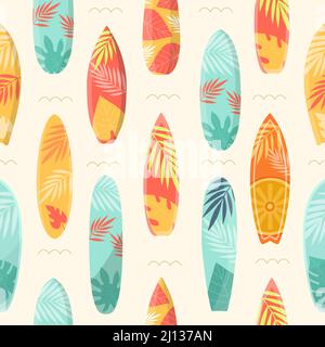 Cartoon summer seamless pattern with surfboard and tropical leaves. Sea surfing boards on waves. Beach vacation travel, surf vector print Stock Vector