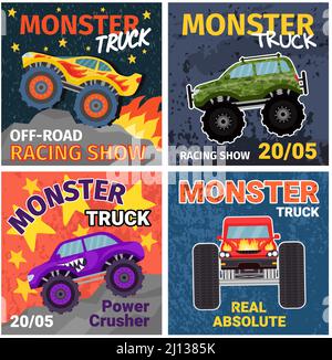Cartoon monster trucks t shirt print designs and posters. Grunge cool extreme offroad race cars. Racing show heavy truck banners vector set Stock Vector