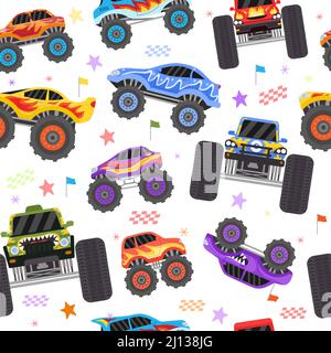 Seamless pattern with cartoon monster trucks for boy. Extreme racing heavy cars with big tires. Toys monster truck for cool kid vector print Stock Vector