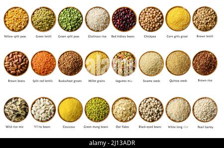 Big set of legumes and cereals in bowls with names isolated on white. Food background. Top view Stock Photo