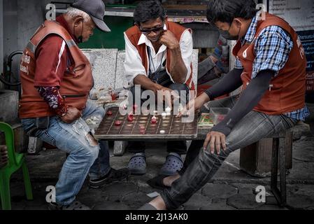 Thailand chess. Makruk. Men playing version of Thai chess board game Southeast Asia Stock Photo