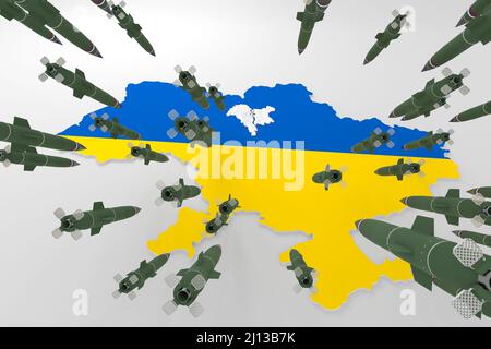 3d stylized schemitic map - Kyiv Kiev capital cyty of Ukraine under fire from ballistic missiles Stock Photo