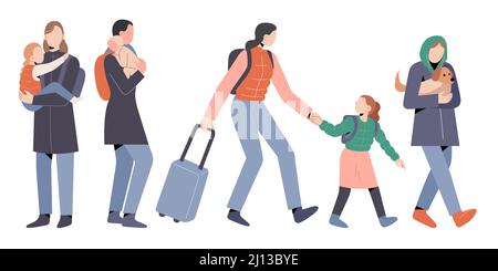 Female refugees with kids and pets, running away, carrying babies, pulling suitcases, fleeing from country, escaping war conflict, cartoon characters Stock Vector