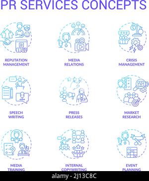 PR services blue turquoise concept icons set Stock Vector